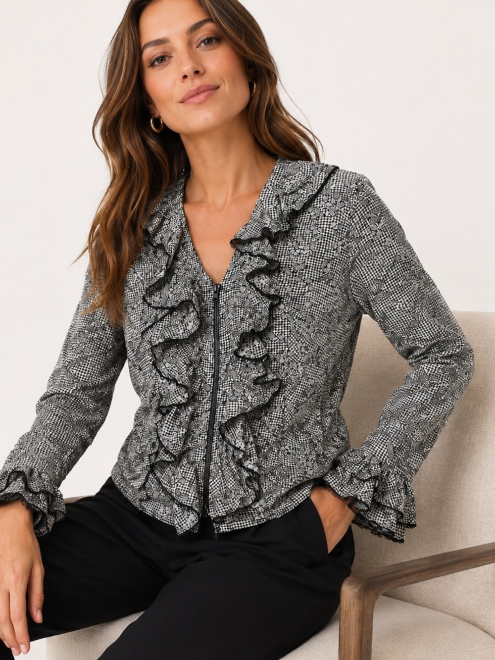 Anne Fontaine Blazer Houndstooth Zip Front Ruffle black white gingham vtg
